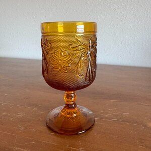 Vintage Indiana Glass Tiara Amber Goblet, Sandwich Pattern